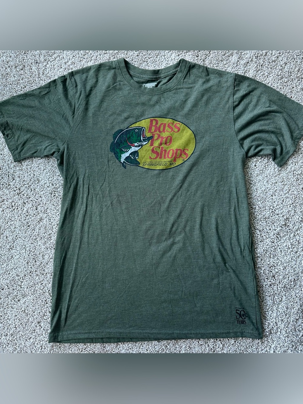 Bass Pro Shops Men’s L Green Graphic Logo T-Shirt Crew Neck Fishing 50years 372